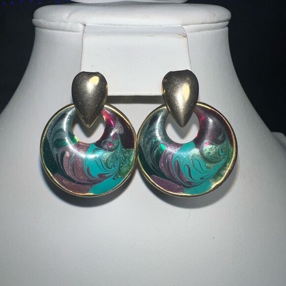 Vintage 80s Gold Tone and Enameled Door knocker Earrings - Picture 1 of 5